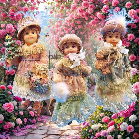 Victorian Girl Ornaments Dangle Legs Mauve Ivory Burgundy Christmas Set of 3 - Picture 1 of 8